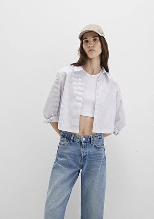 Çizgili Beyaz Crop Gömlek 1211297-88614