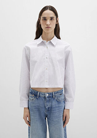 Çizgili Beyaz Crop Gömlek 1211297-88614