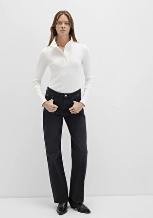 Düğme Detaylı Dik Yaka Ekru Tişört 1613614-70057