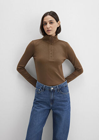Düğme Detaylı Dik Yaka Kahverengi Tişört 1613614-71590