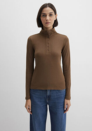 Düğme Detaylı Dik Yaka Kahverengi Tişört 1613614-71590