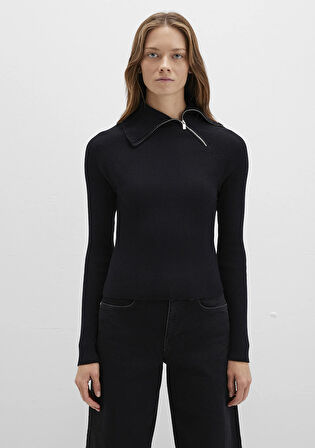 Fermuar Detaylı Dik Yaka Siyah Kazak 1710790-900