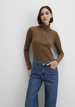 Düğme Detaylı Dik Yaka Kahverengi Tişört 1613614-71590