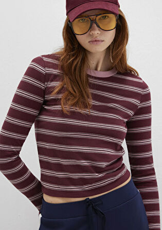 Uzun Kollu Çizgili Bordo Tişört 1613604-91193