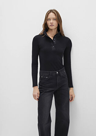 Düğme Detaylı Dik Yaka Siyah Tişört 1613614-900