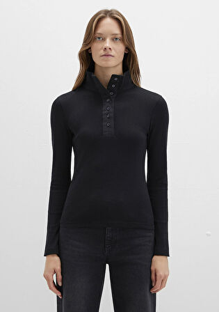 Düğme Detaylı Dik Yaka Siyah Tişört 1613614-900