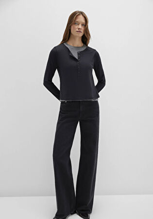 Yün Karışımlı Çift Katlı Siyah Uzun Kollu Tişört 1613400-900