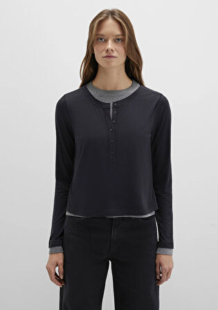 Yün Karışımlı Çift Katlı Siyah Uzun Kollu Tişört 1613400-900