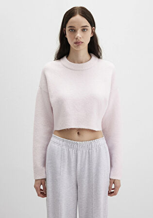 Yün Karışımlı Bisiklet Yaka Pembe Crop Kazak 1710496-89884