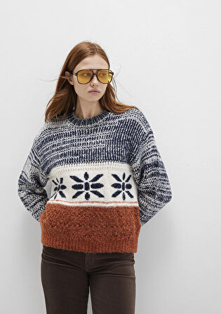 Kar Tanesi Detaylı Blok Renkli Kazak 1710803-89101