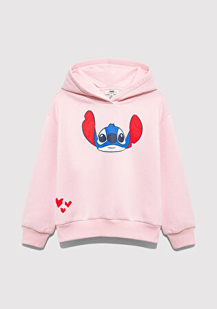 Stitch Baskılı Kapüşonlu Pembe Sweatshirt 7S10165-71007