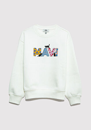 Mavi Logo Kedi Baskılı Ekru Sweatshirt 7S10169-70057