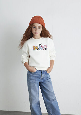 Mavi Logo Kedi Baskılı Ekru Sweatshirt 7S10169-70057