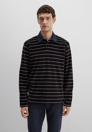 Polo Yaka Çizgili Kadife Sweatshirt 0S10470-89103