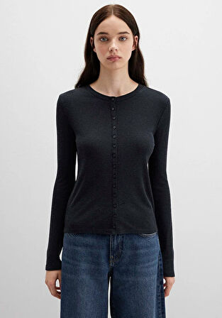 Mavi M1613652-80022 Düğme Detaylı Siyah Uzun Kollu T-Shirt Kadın Tişört