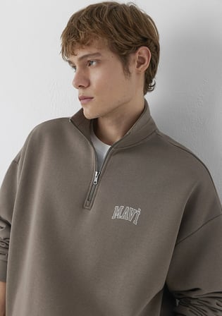 Mavi Logo Baskılı Yarı Fermuarlı Kahverengi Sweatshirt 0S10208-87875