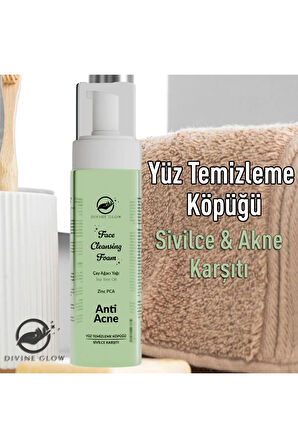 Divine Glow Sivilce & Akne Karşıtı Yağlı ve Karma Ciltlere Çay Ağacı Yağı & Zinc PCA Yüz Temizleme Köpüğü 200 ML