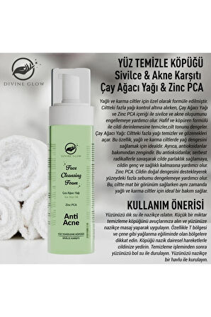 Divine Glow Sivilce & Akne Karşıtı Yağlı ve Karma Ciltlere Çay Ağacı Yağı & Zinc PCA Yüz Temizleme Köpüğü 200 ML