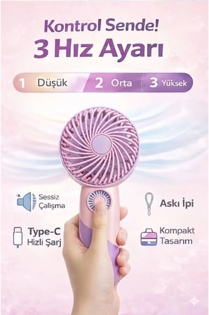 Taşınabilir Mini El Fanı Şarjlı 3 Kademeli USB Fan Sessiz Güçlü Rüzgar Vantilatör
