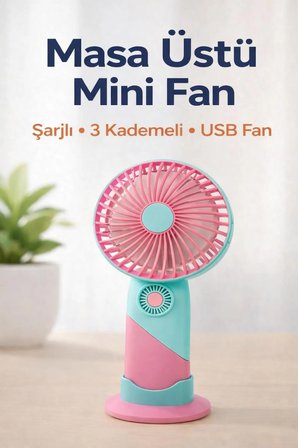 Standlı Şarjlı Mini El Fanı – 3 Kademeli, Sessiz, Taşınabilir Masaüstü Vantilatör