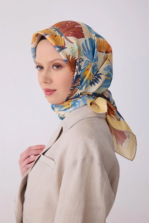 BELLİ Çok Renkli Çiçek Desen %100 Twill İpek Eşarp 4323 - 80
