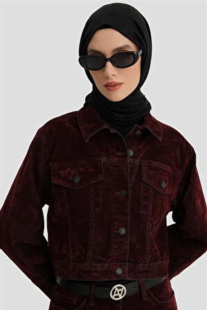 Armine Flok Baskılı Denim Takım 24KD3401 Bordo