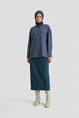 Armine Cep Kapaklı Oversize Gömlek ORT3635 İndigo