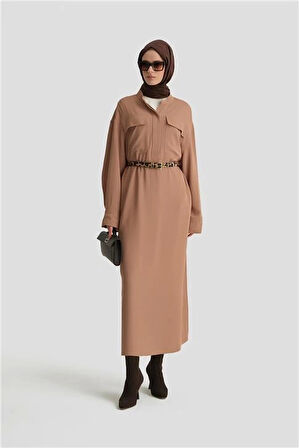 Armine Kapaklı Cepli Elbise ORT9925 Camel
