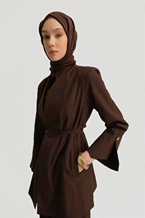Armine Beli Bağlamalı Blazer Takım 25Y6007 Kahverengi