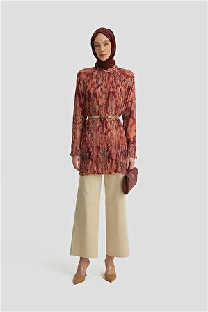 Armine Desenli Ve Pliseli Tunik 25Y4614 Koyu Kırmızı