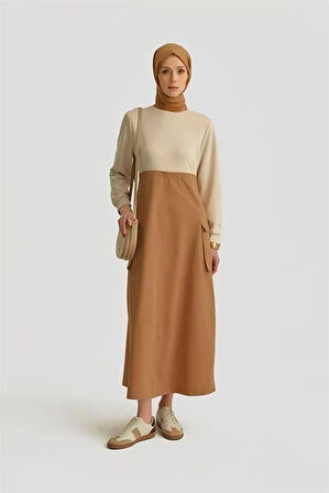 Armine Paraşüt Kumaş Mix Örme Elbise ORTD9437 Camel