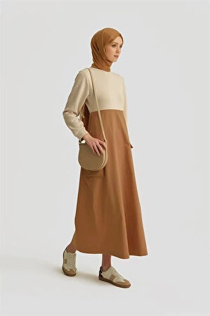 Armine Paraşüt Kumaş Mix Örme Elbise ORTD9437 Camel