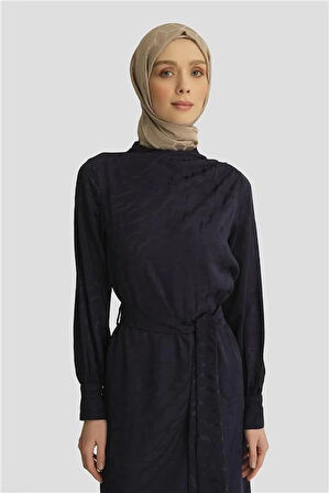 Armine Desenli Saten Elbise 25YT920 Lacivert