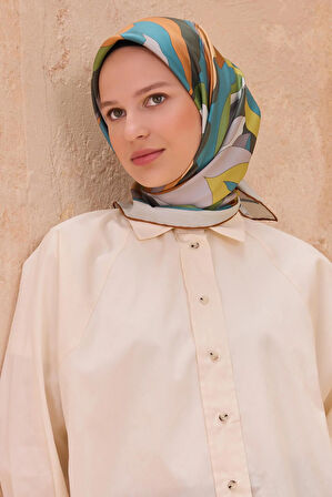 Belli Tivil Saf İpek Eşarp 4108-04 Yeşil Karışık Desen