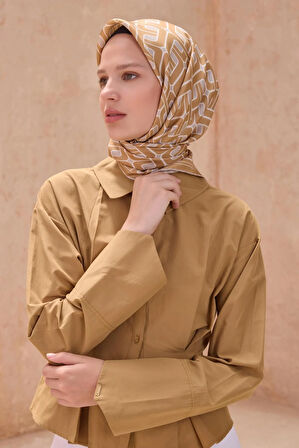 Belli Tivil Saf İpek Eşarp 4118-05 Hardal Sarı Karışık Desen