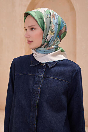 Belli Tivil Saf İpek Eşarp 4127-86 Yeşil Karışık Desen