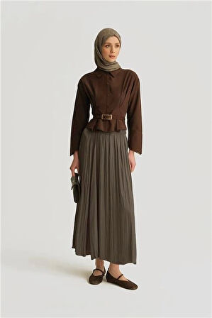 Armine Kırışık Saten Etek  25YH5601 Haki