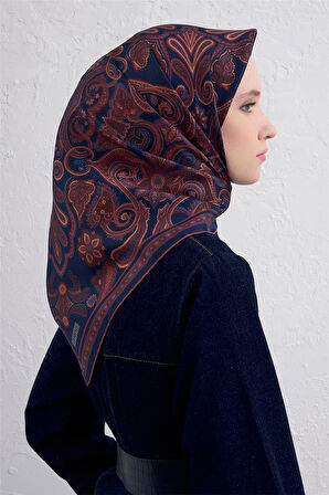 Armine Sura Saf İpek Eşarp 9421 - 88 Lacivert Karışık Desen 
