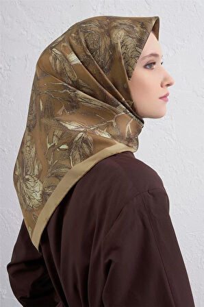 Armine Sura Saf İpek Eşarp 9409 - 06 Kahverengi Karışık Desen