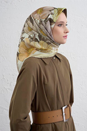 Armine Sura Saf İpek Eşarp 9403 - 38 Sarı Karışık Desen