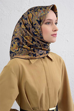 Armine Tivil Saf İpek Eşarp 9416 - 03 Lacivert Etnik Desen