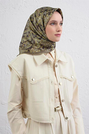 Armine Sura Saf İpek Eşarp 9416 - 80 Yeşil Karışık Desen