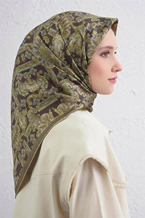 Armine Sura Saf İpek Eşarp 9416 - 80 Yeşil Karışık Desen