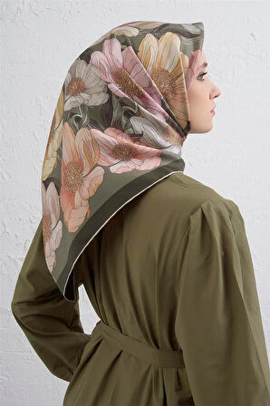 Armine Tivil Saf İpek Eşarp 9403 - 80 Yeşil Karışık Desen
