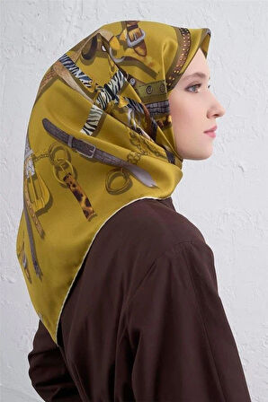 Armine Sura Saf İpek Eşarp 9422 - 52 Hardal Sarı Karışık Desen