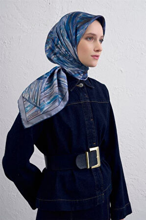 Armine Sura Saf İpek Eşarp 9430 - 82 Mavi Karışık Desen
