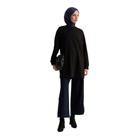 Kadın Önü Taş İşlemeli Tunik Siyah 25KT449