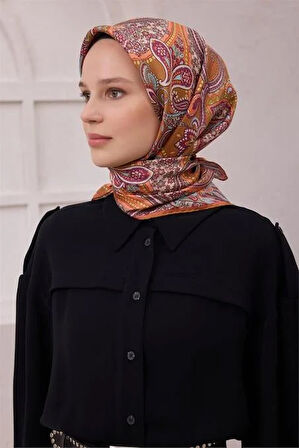 Belli Tivil Saf İpek Eşarp 4202 - 54 Turuncu Etnik Desen