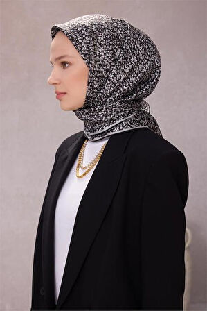 Belli Tivil Saf İpek Eşarp 4208 - 07 Siyah Gri Armürlü Desen