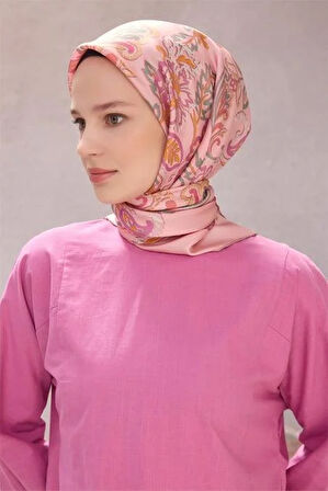 Belli Tivil Saf İpek Eşarp 4207 - 14 Açık Pembe Çiçek Desen